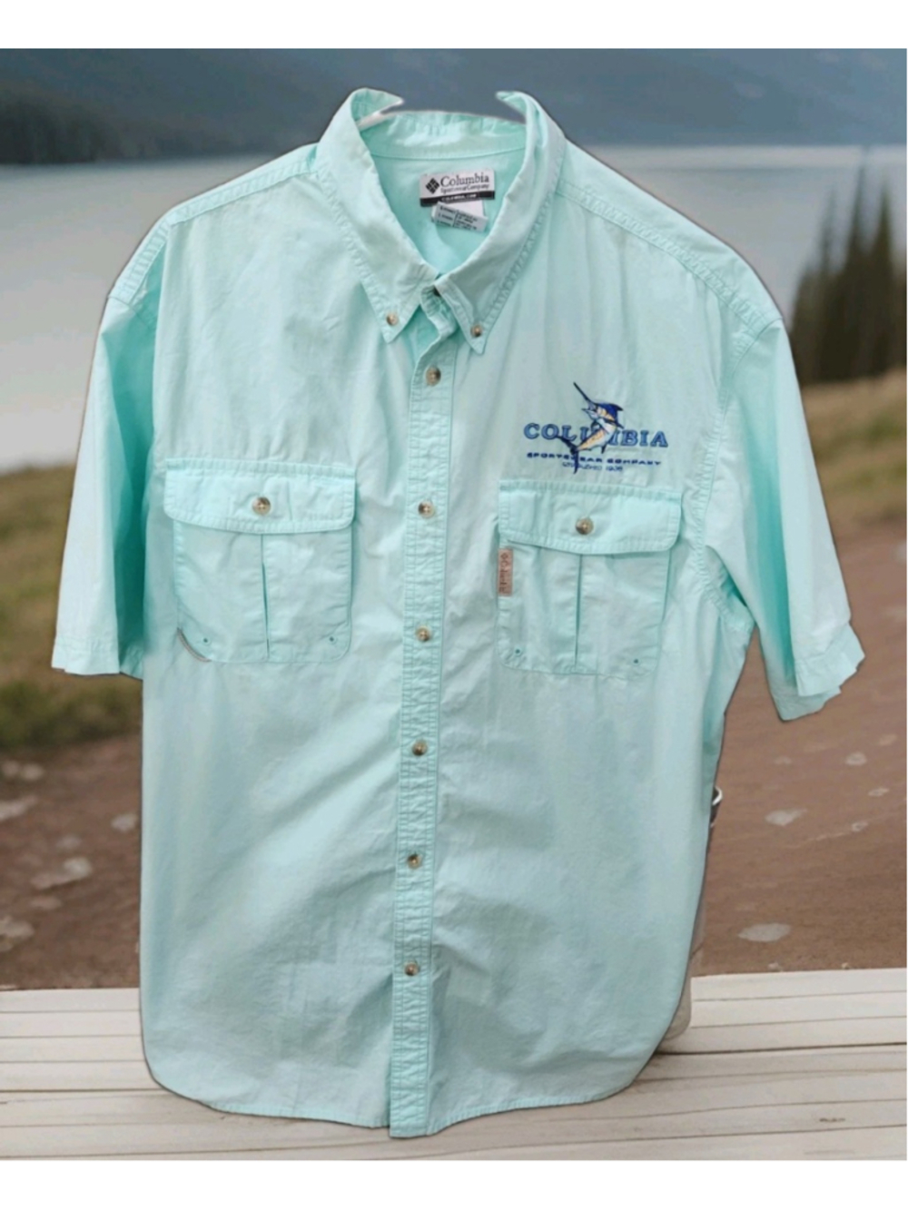 Columbia PFG Shirt Mens Large Short Sleeves Button Up Pockets Vented Light Green